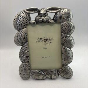 Vintage Sage Silver Metal Easter Bunny Eggs Picture Frame 3.5x5"